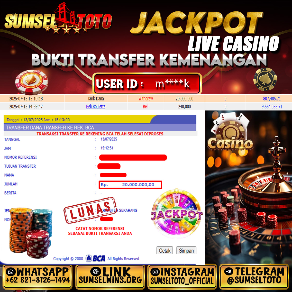 SUMSELTOTO JACKPOT ROULETTE Rp.20,000,000.,- LUNAS